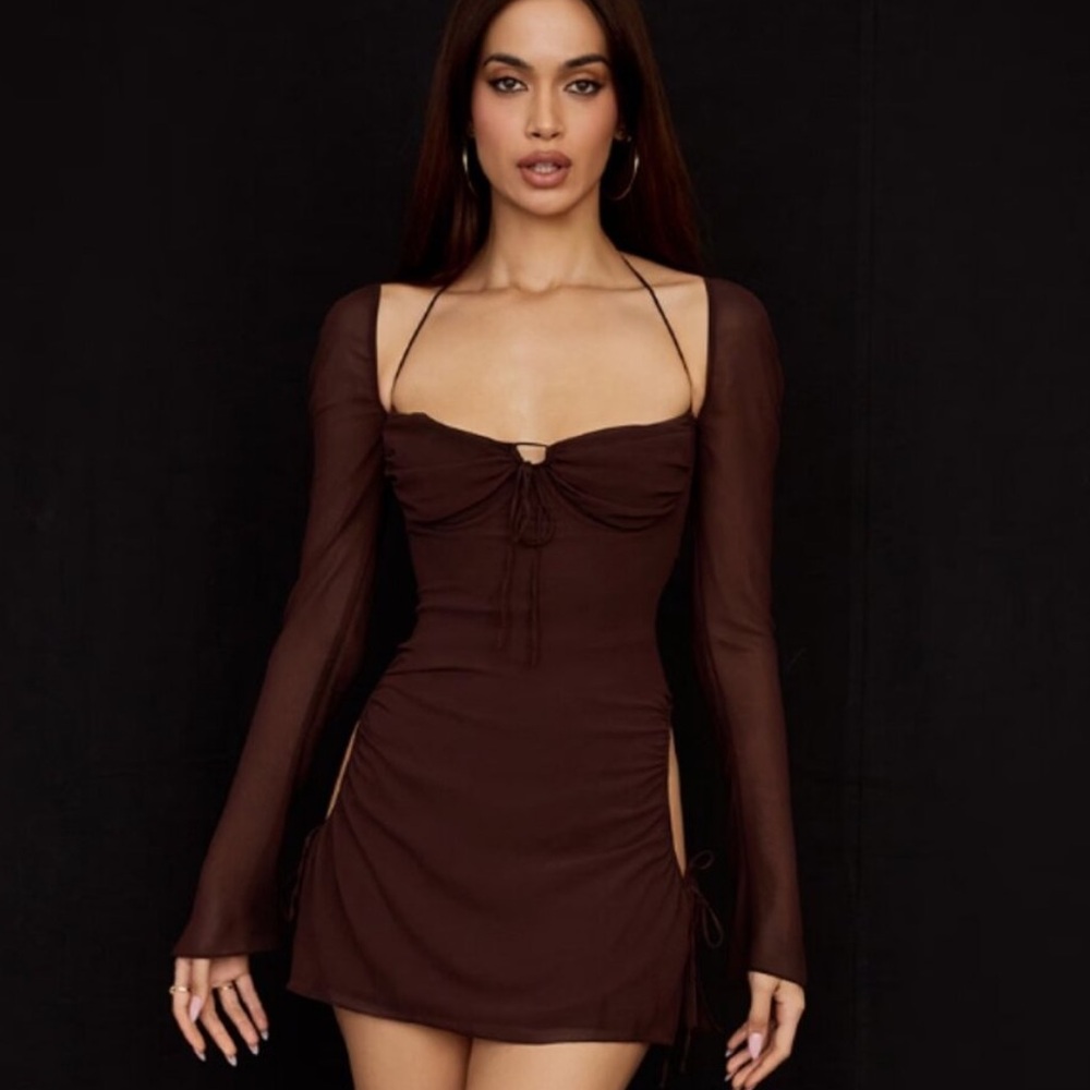 brown baby halter longsleeve mini dress